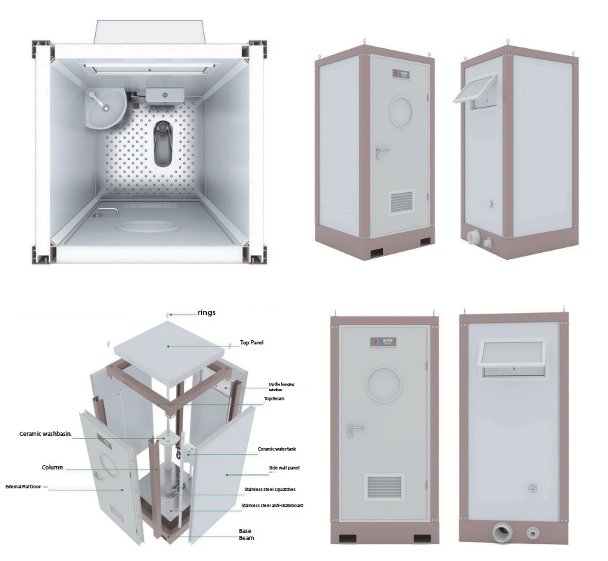 Mobile bathroom single squat toilet (stainless steel single squat toilet+ column washbasin)