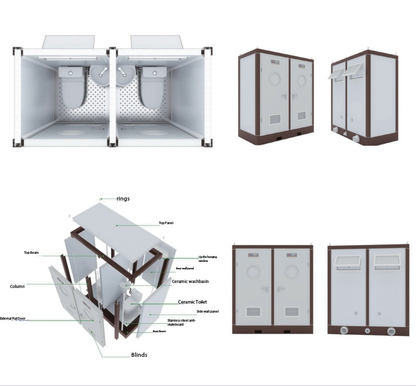 Modular mobile bathroom double toilet (stainless steel single squat toilet+ column washbasin)