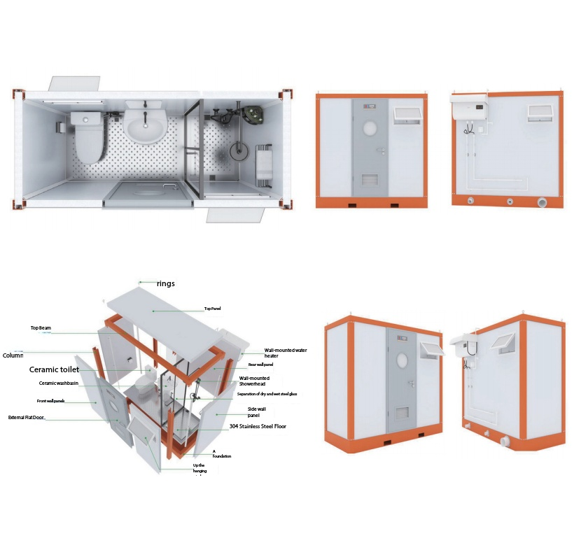 Modular mobile bathroom (Closestool+ Column Style Washbasin + Shower Room)